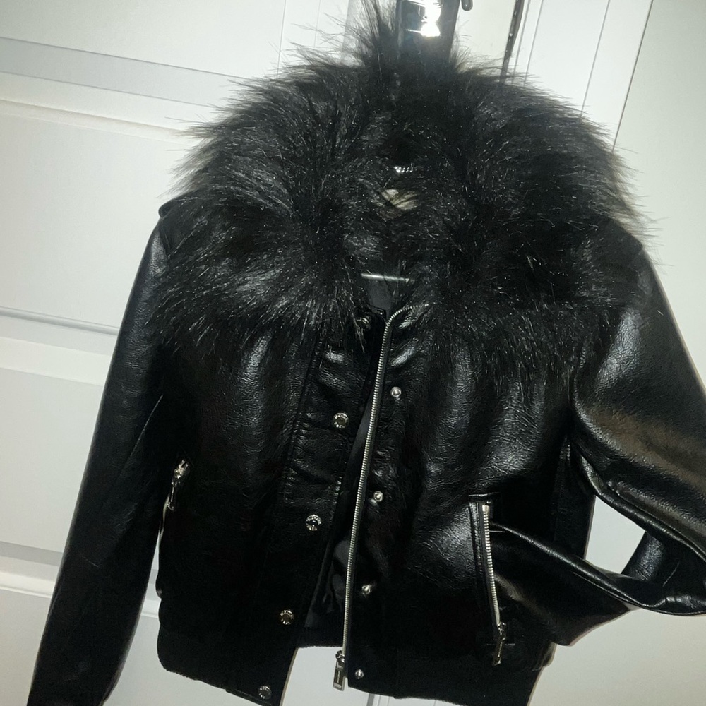 MICHAEL KORS Black Faux Fur Collar Leather Jacket